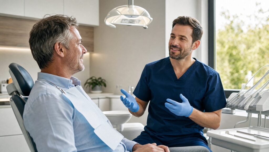 Dentist explaining what happens during a root canal to a patient in Sherman Oaks