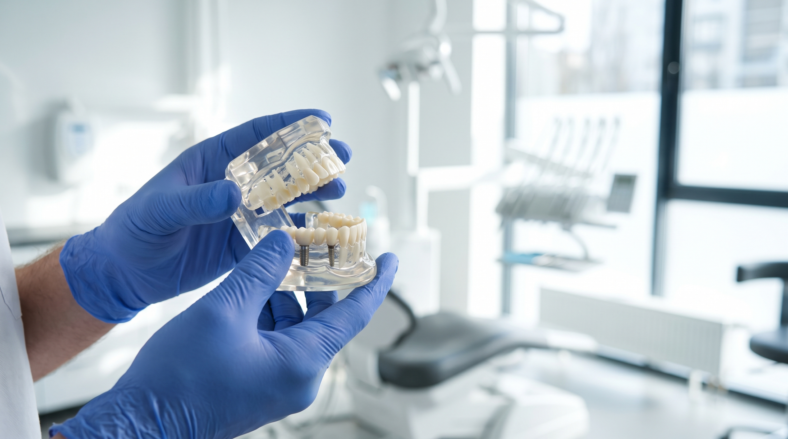 Dentist holding a dental implant model showing the titanium post, abutment, and crown