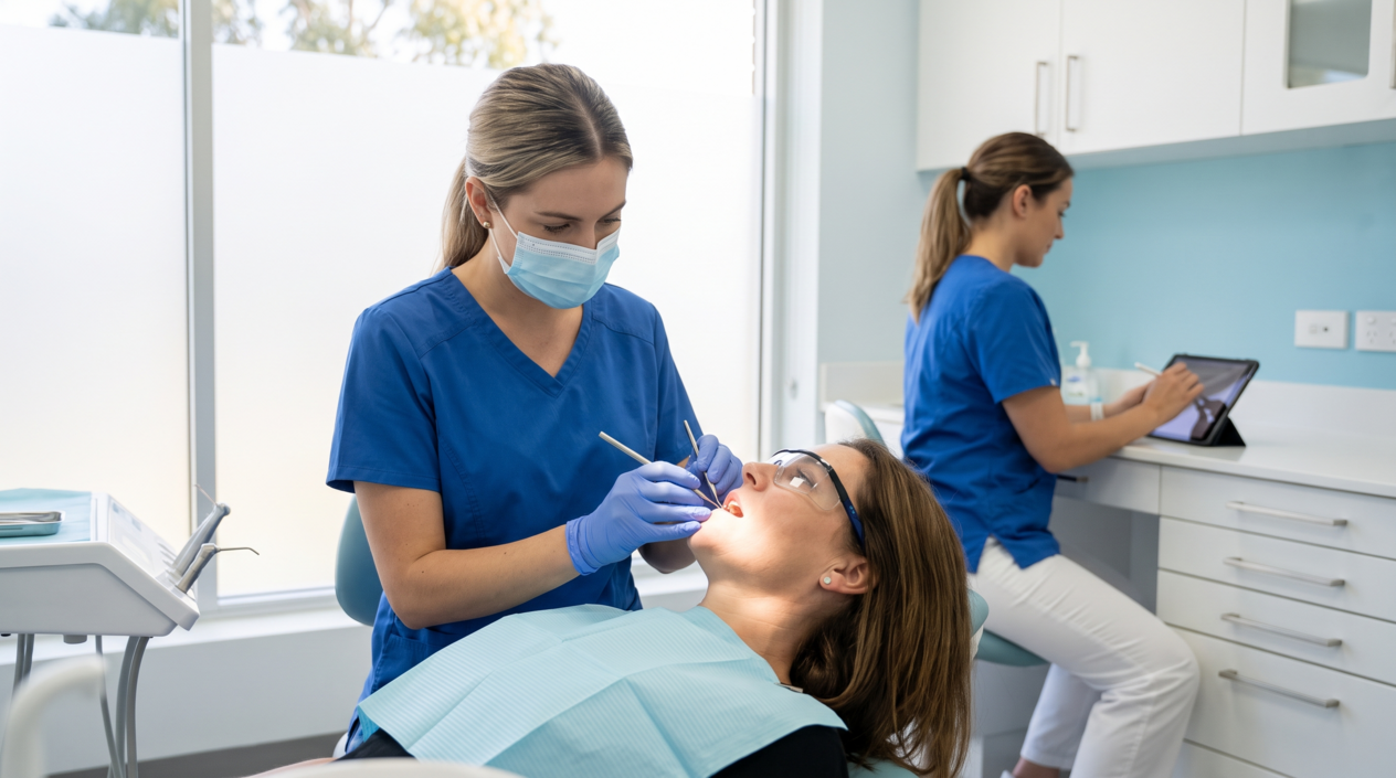 Dental team measuring gum health and charting findings during a comprehensive exam