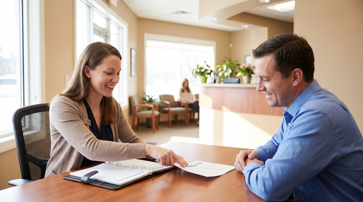 New patient reviewing a dental treatment plan with a coordinator at the front office