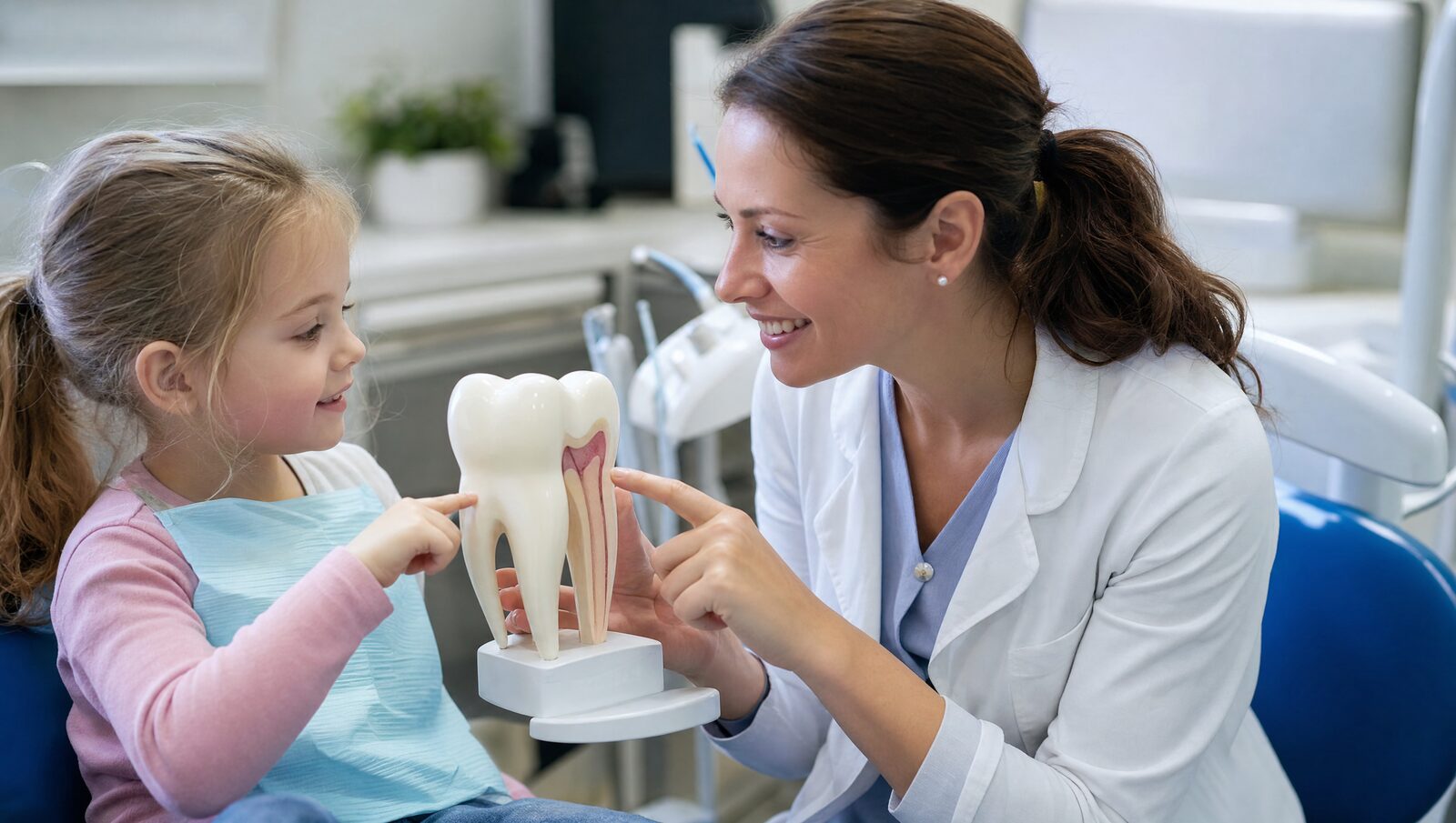 Dentist showing a child how sealants protect molars using a tooth model