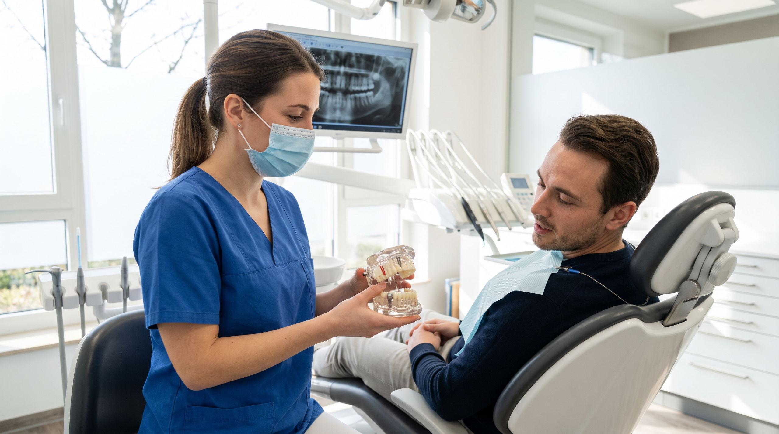 Dentist showing a patient a cross section model of a dental implant with post, abutment, and crown