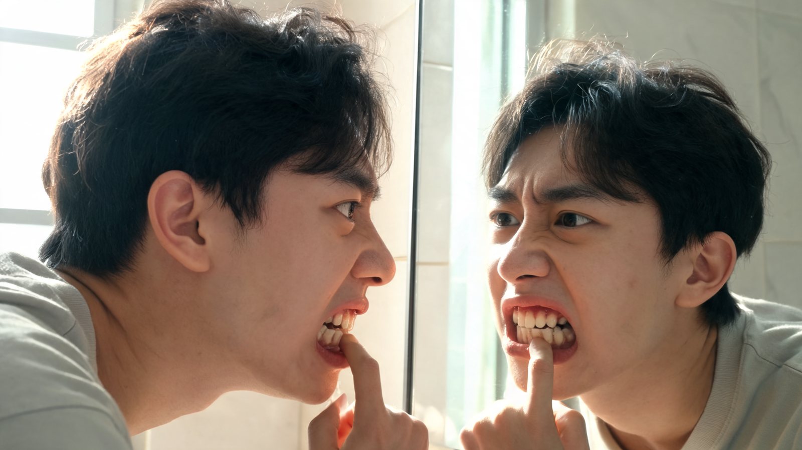 Young man checking his front teeth in the bathroom mirror after chipping a tooth