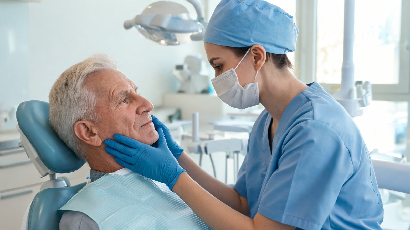 Dentist gently examining a patient's swollen jaw during an emergency visit in Sherman Oaks