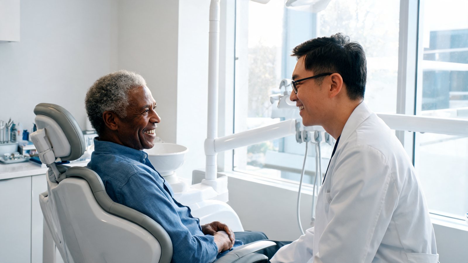 Dentist talking with an older patient during a Medi-Cal dental visit in Sherman Oaks