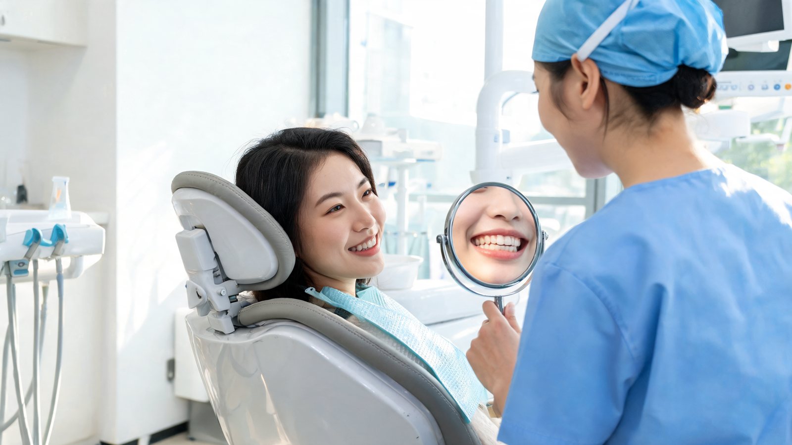 Smiling patient checking her teeth in a hand mirror after a dental cleaning