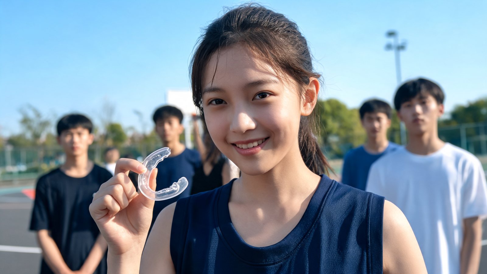 Teen athlete holding a sports mouthguard that helps prevent chipped teeth