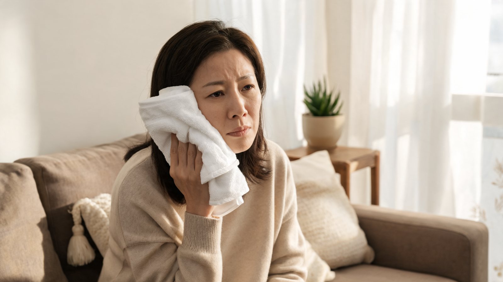 Woman holding a cold compress to her cheek for facial swelling from a tooth infection
