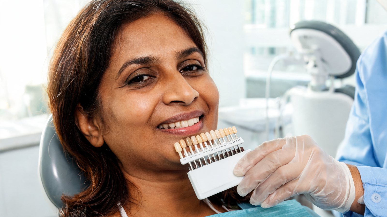 Dentist matching tooth shade samples to a patient's smile before repairing a chipped tooth